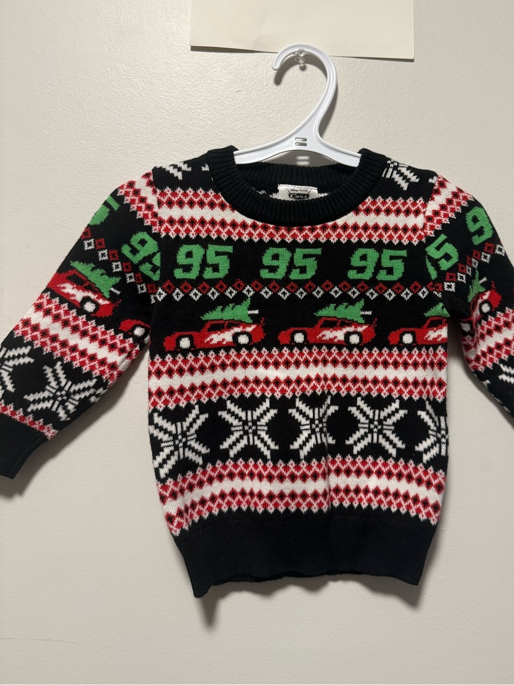 Disney Pixar Cars Lightening McQueen Kids Black, Red & Green Holiday Sweater